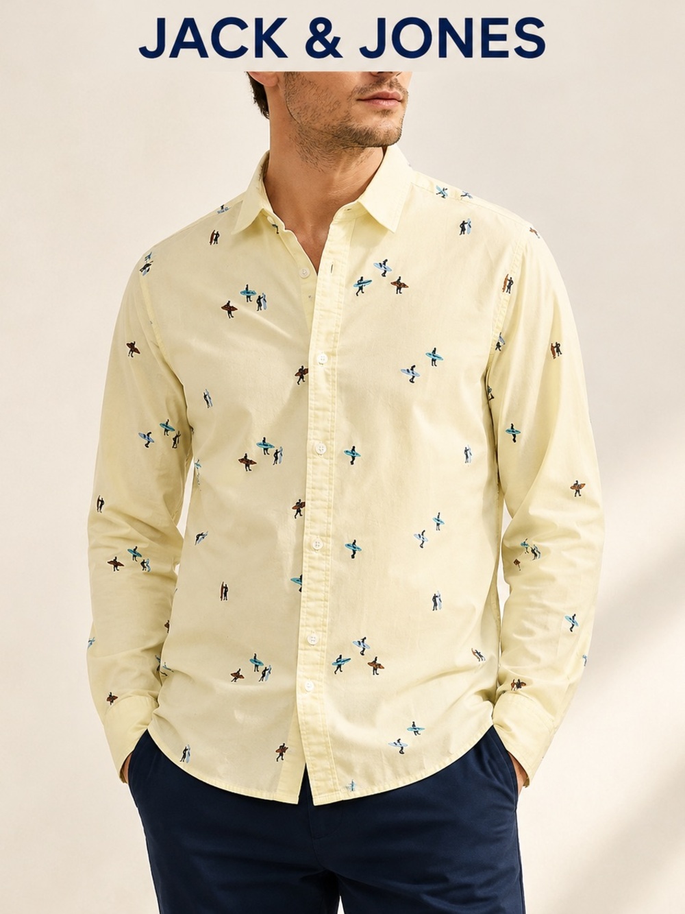 Jack & Jones Men’s Surfer Embroidered Button Shirt Small Yellow